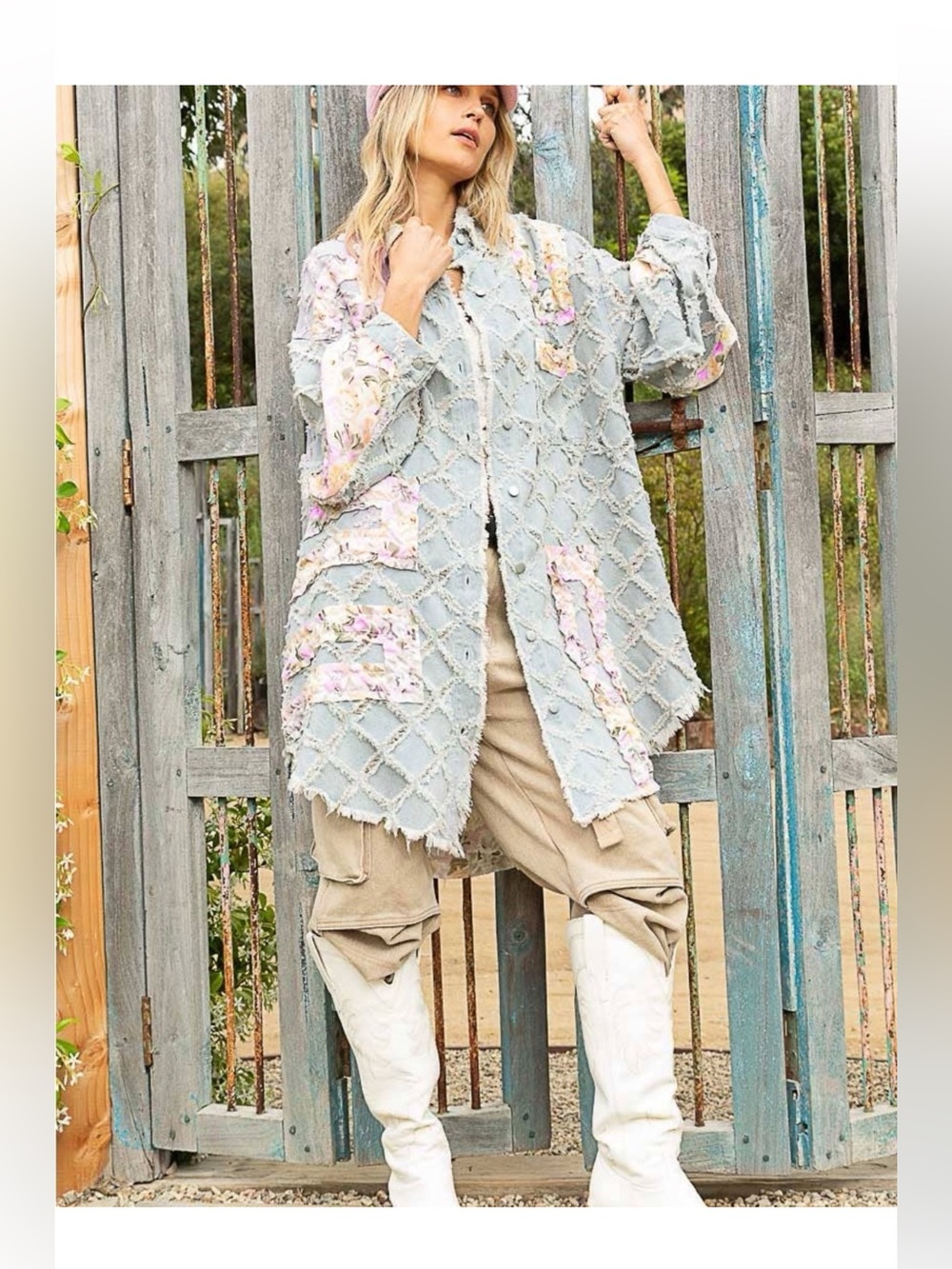 POL Pastel Floral Patchwork Shaggy Denim Duster Jacket Light Blue & Pink Sz M - Picture 3 of 6